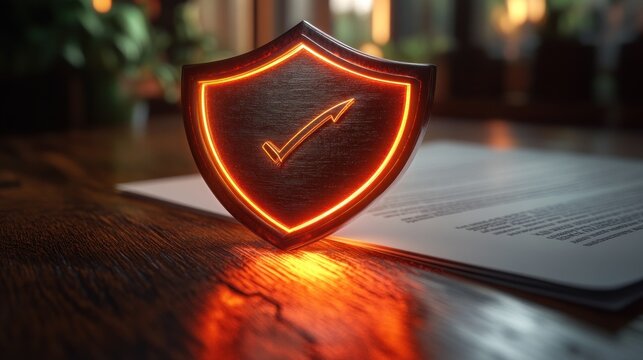 Large protective shield protecting policy document rendered in 3D, representing safety and reliability