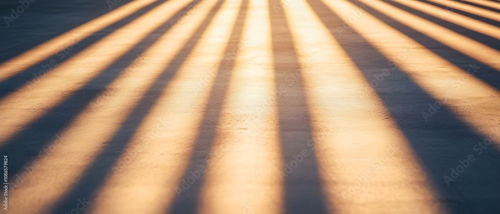 Poster diagonal shadows extending across a surface, illuminated by warm sunlight, creating a pattern of lig