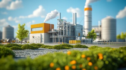 Obraz premium A modern industrial facility features smokestacks, bright colors, and green landscaping, showcasing a blend of technology and environmental aesthetics.
