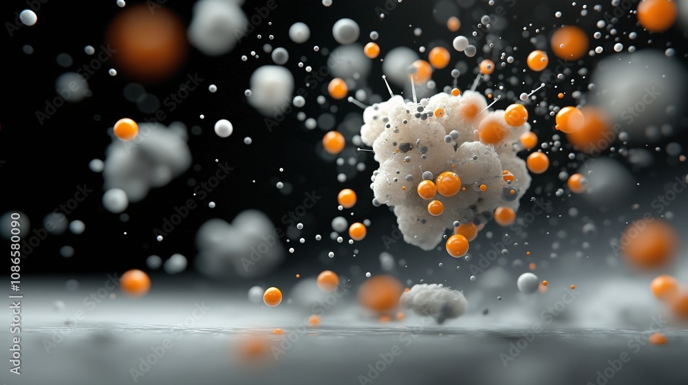 Poster dynamic composition showing hydrogen particles in motion with colorful spheres in a striking abstrac