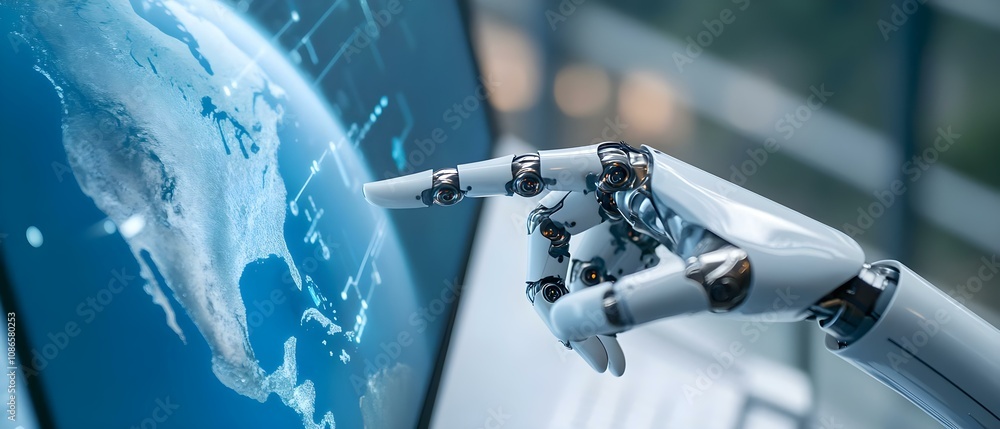 Poster a robotic hand reaching towards a digital globe displayed on a screen, symbolizing technology and gl