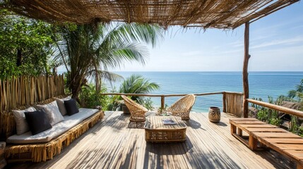 A tropical rooftop terrace with bamboo furniture, palm trees, and an ocean view under a clear sky