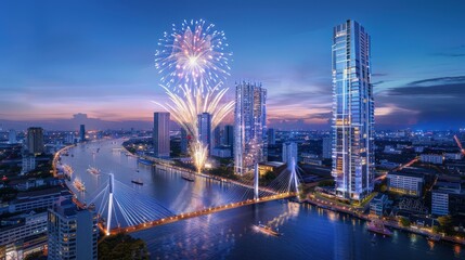 Naklejka premium Vibrant Cityscape with Fireworks Over Waterway