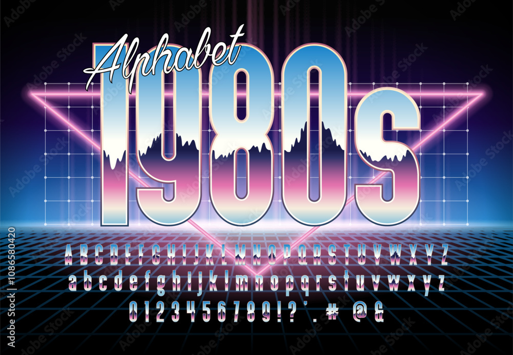 Poster retro futuristic font in 1980s retrowave, synthwave style. bright vector alphabet with chrome effect