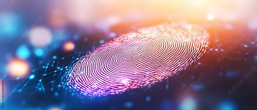 Poster a colorful fingerprint design set against a blurred, interconnected digital background, symbolizing 