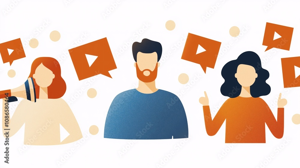 Poster engaging vector art representing social media interaction with diverse characters expressing ideas a