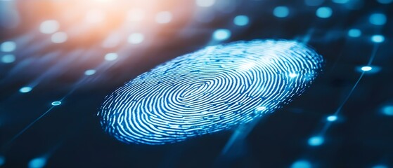 A digital fingerprint overlaid on a glowing abstract background, symbolizing security and biometric identification technology. Concept Digital Fingerprint, Abstract Background, Security Technology