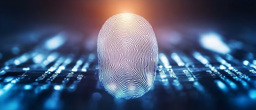 A stylized fingerprint against a digital background, symbolizing identity and cybersecurity technology. Concept Digital Identity, Cybersecurity Solutions, Stylized Fingerprint