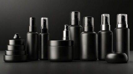 Stunning set of black cosmetic containers on a sleek surface showcasing minimalist design with different shapes and sizes for a modern beauty aesthetic.