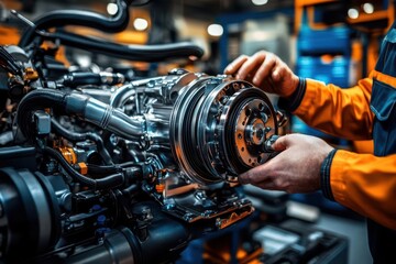 Obraz premium Turbocharger with cooling pipes being attached, detailed engine components, mechanic's hands at work, industrial workshop setting, photorealistic detail