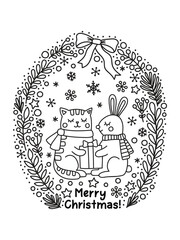 Winter cat and rabbit. Christmas wreath. Coloring page. Vector doodle illustration.
