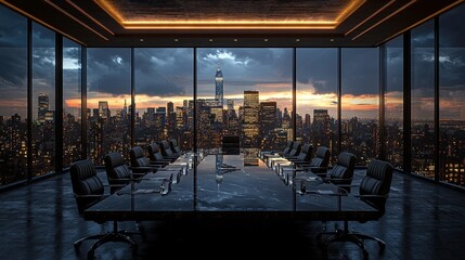 Modern corporate boardroom overlooking a stunning city skyline at sunset with dramatic lighting and elegant furnishings for business meetings and presentations