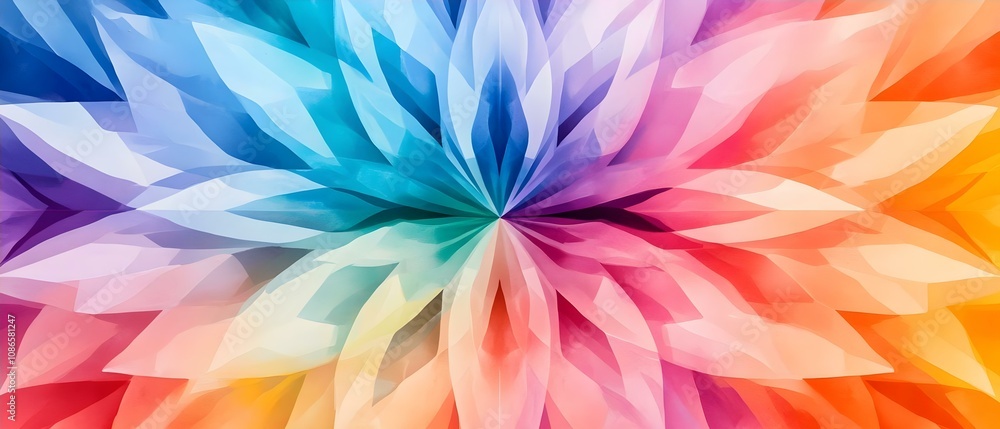 Poster a colorful, abstract design featuring overlapping shapes that form a floral or star-like pattern. co