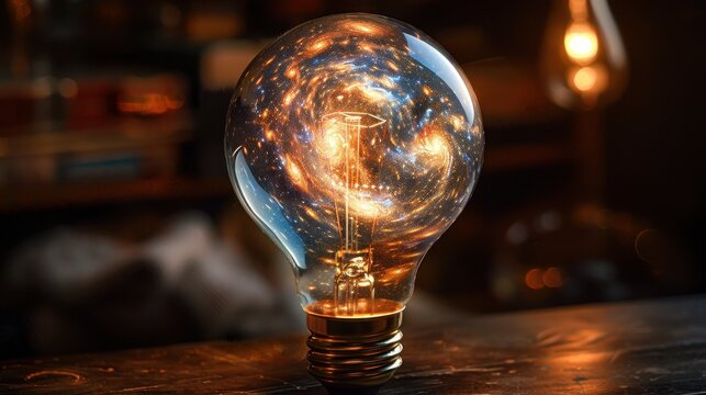 Illuminated Lightbulb Containing A Galaxy Image