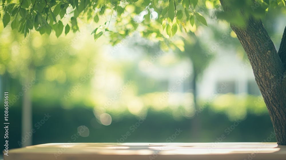 Poster a peaceful park setting with sunlight filtering through leaves casting shadows on a wooden table in 