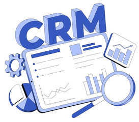 Lettering CRM with graphs, gear and magnifier text