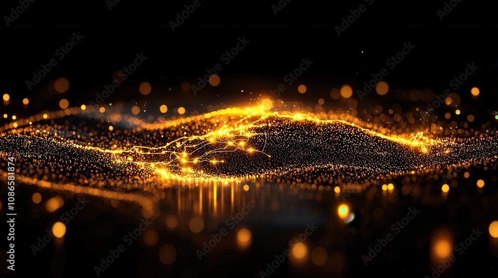 Poster abstract glowing landscape with shimmering golden particles creating a mesmerizing digital sea of li