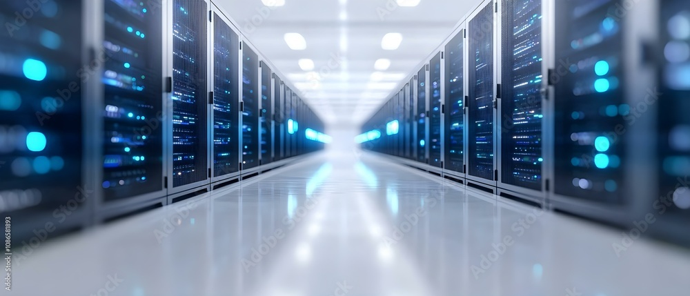 Aufkleber a high-tech data center with rows of servers and blue lighting, creating a futuristic and spacious e
