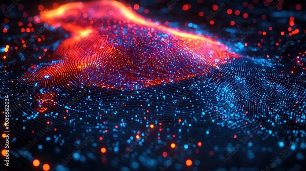 Poster abstract visualization of vibrant data waves, showcasing dynamic blue and red glowing particles crea