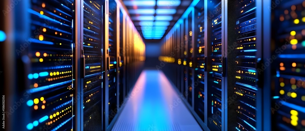 Poster a data center corridor lined with server racks, illuminated by blue and orange lights. concept data 