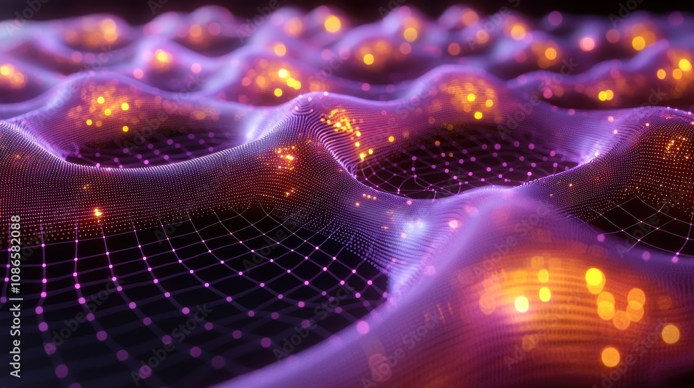 Poster abstract digital landscape with glowing nodes and wave-like surface, showcasing vibrant lights and i
