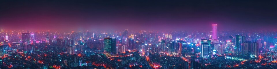Fototapeta premium A city skyline at night with a purple hue