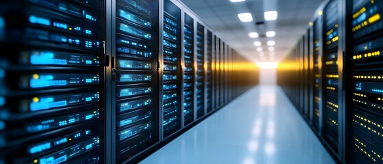 A data center hallway lined with server racks, featuring illuminated panels and a bright light at the far end. Concept Data Center Environment, Server Rack Setup, Illuminated Panels