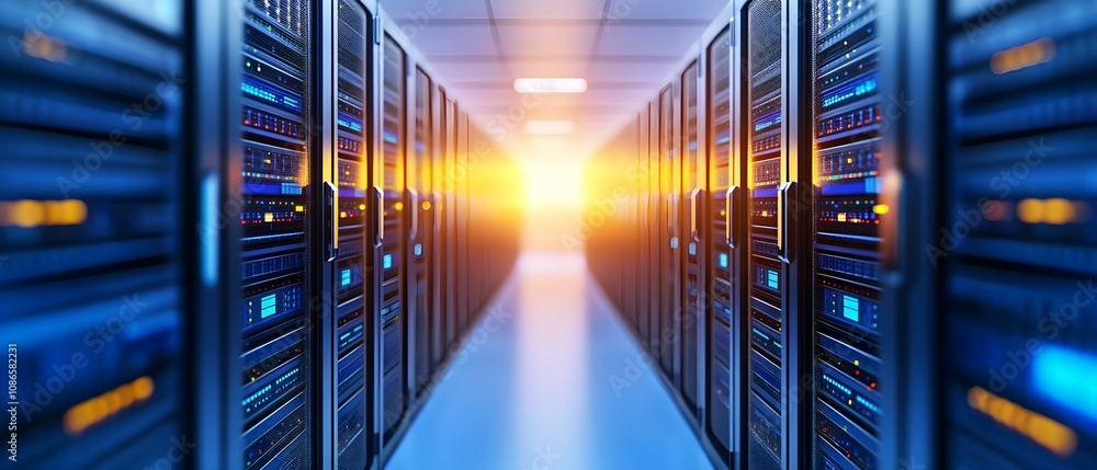 Poster a corridor lined with server racks, illuminated by a glowing light at the end, suggesting a data cen