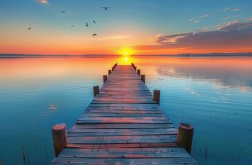 Obraz premium Wooden Pier Extending Towards Sunrise Over Calm Lake