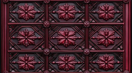Ornate Decorative Wall Panel Featuring Intricate Floral Patterns in Rich Red and Black Design with Textured Relief Elements and Geometric Details