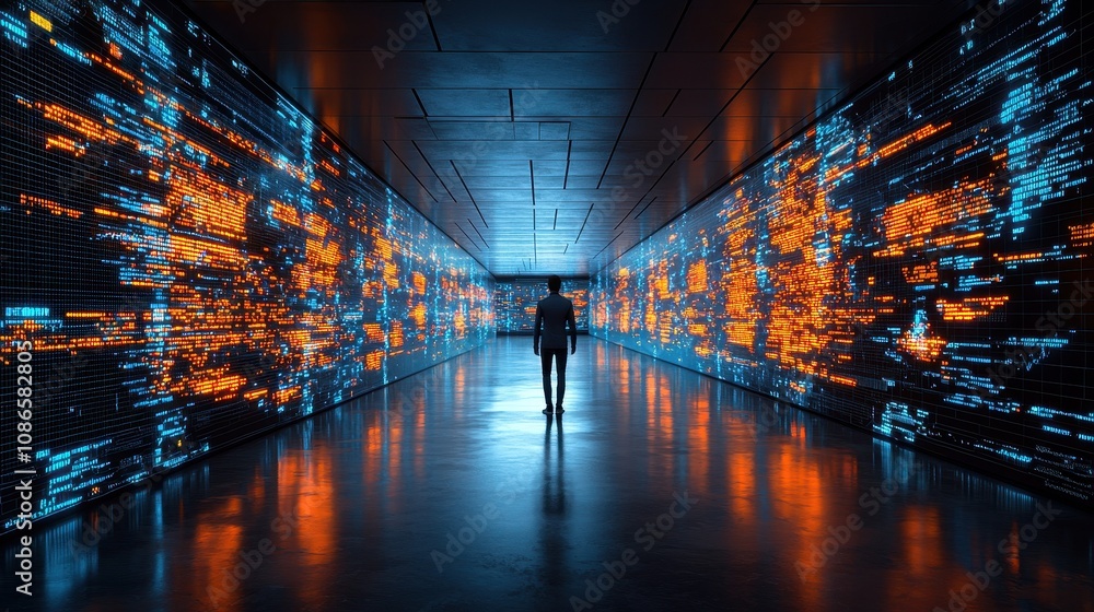 Poster futuristic corridor with glowing digital data streams in vibrant colors, showcasing a lone figure ex