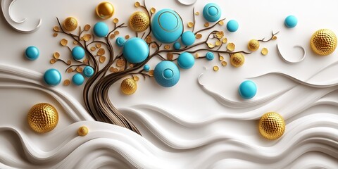 Abstract Marketing Background Featuring a 3D Carpet Wallpaper Design with Colorful Trees Depicting Turquoise, Blue, and Brown Leaves, Enhanced by Golden Objects for a Luxurious Wall Decoration, Perfec