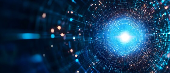 Obraz premium A swirling tunnel of light and particles, creating a sense of depth and motion, suggesting a journey through space or time. Concept Swirling Light Tunnel, Particle Motion, Cosmic Journey