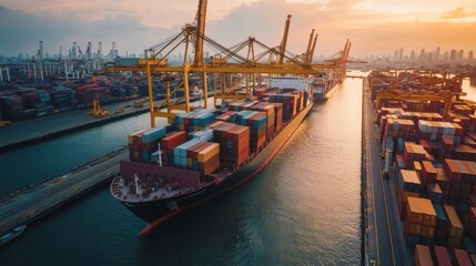 Obraz premium A cargo ship loaded with colorful containers navigates through a harbor, surrounded by cranes and city skyline under a sunset sky.