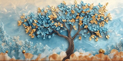 Abstract Marketing Background Featuring a 3D Carpet Wallpaper Design with Colorful Trees Depicting Turquoise, Blue, and Brown Leaves, Enhanced by Golden Objects for a Luxurious Wall Decoration, Perfec