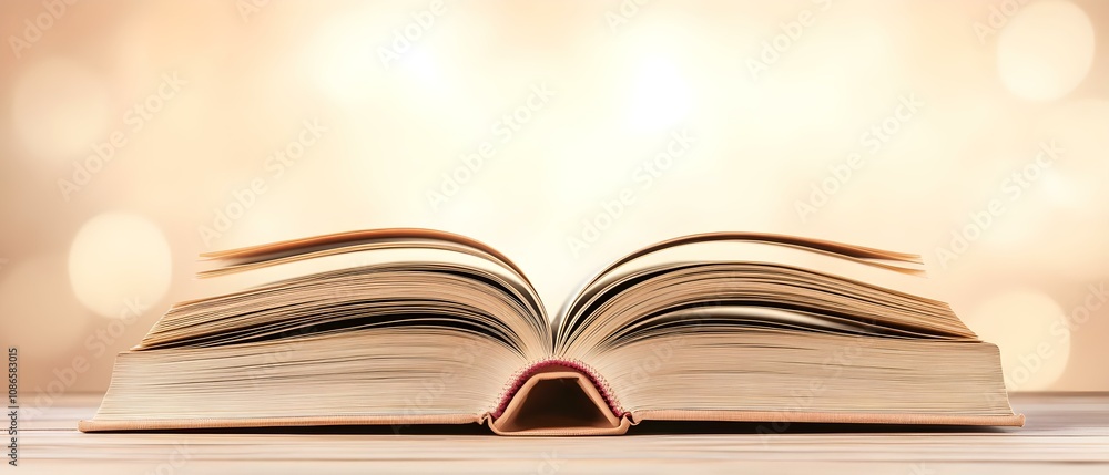 Aufkleber an open book resting on a surface, with warm blurred lights in the background creating a soft ambian