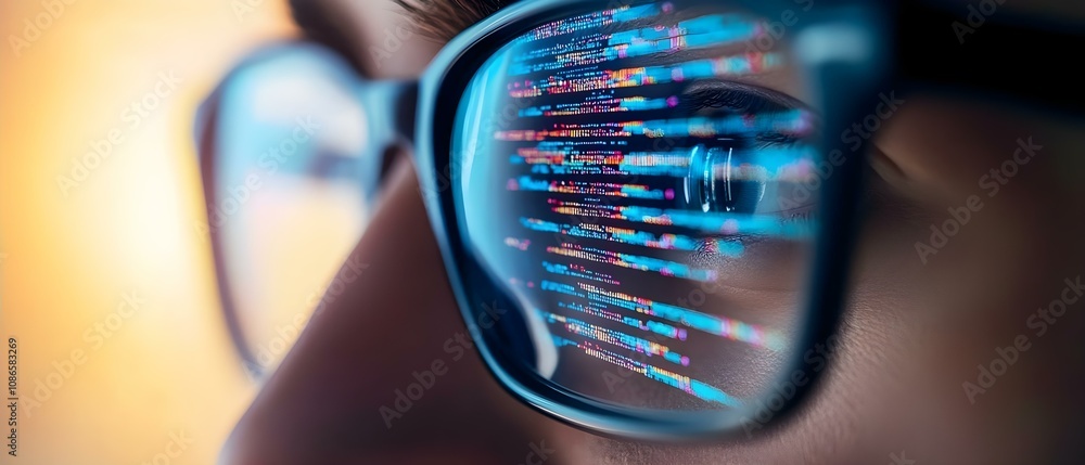 Poster a close-up of a person's face wearing glasses that reflect lines of code, suggesting a focus on prog