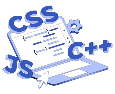 Lettering CSS/Java Sript/C++ and laptop with program code text