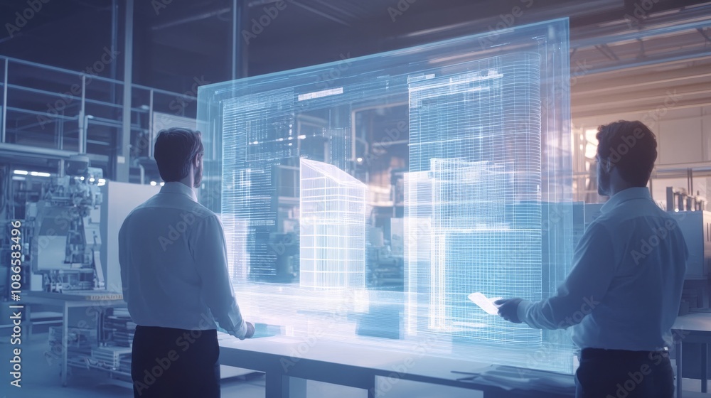 Poster two professionals analyze data through a holographic interface, showcasing advanced technology in a 