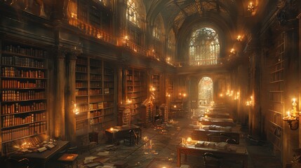 A Grand Gothic Library Illuminated By Candlelight