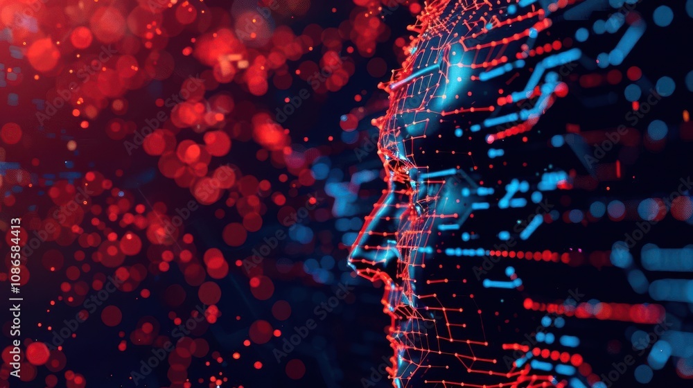 Poster abstract digital face art with glowing data patterns and vibrant colors