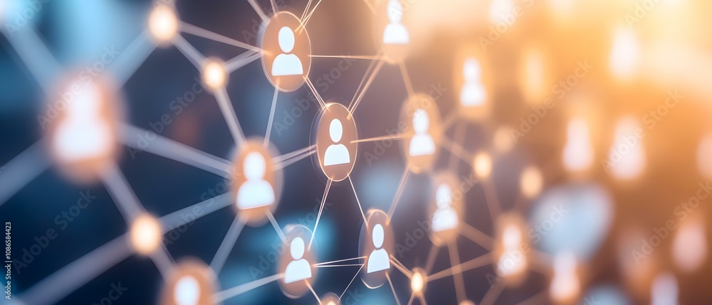 Poster a digital representation of a network connecting various users or figures, symbolizing social connec