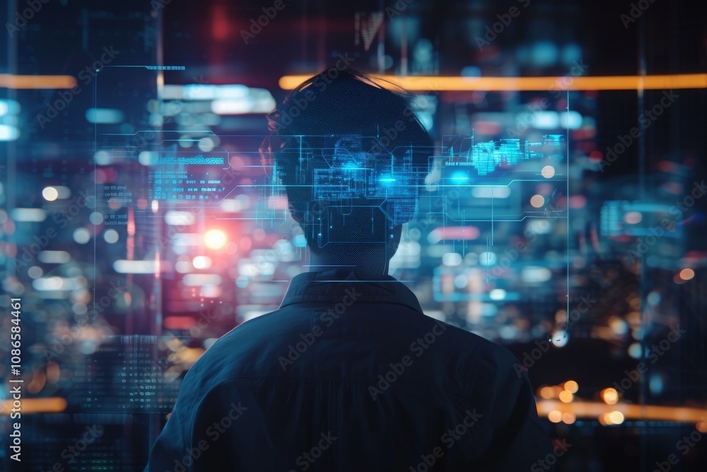 Poster a person is shown working at a desk with an ai hologram overlay in front of them. the image has a fu