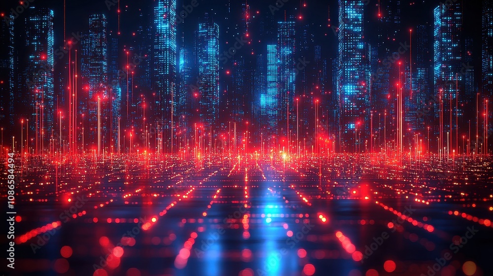 Poster futuristic cityscape with glowing neon lights and abstract patterns in a cybernetic environment, ref