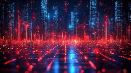 Futuristic Cityscape with Glowing Neon Lights and Abstract Patterns in a Cybernetic Environment, Reflecting Technology and Digital Innovations