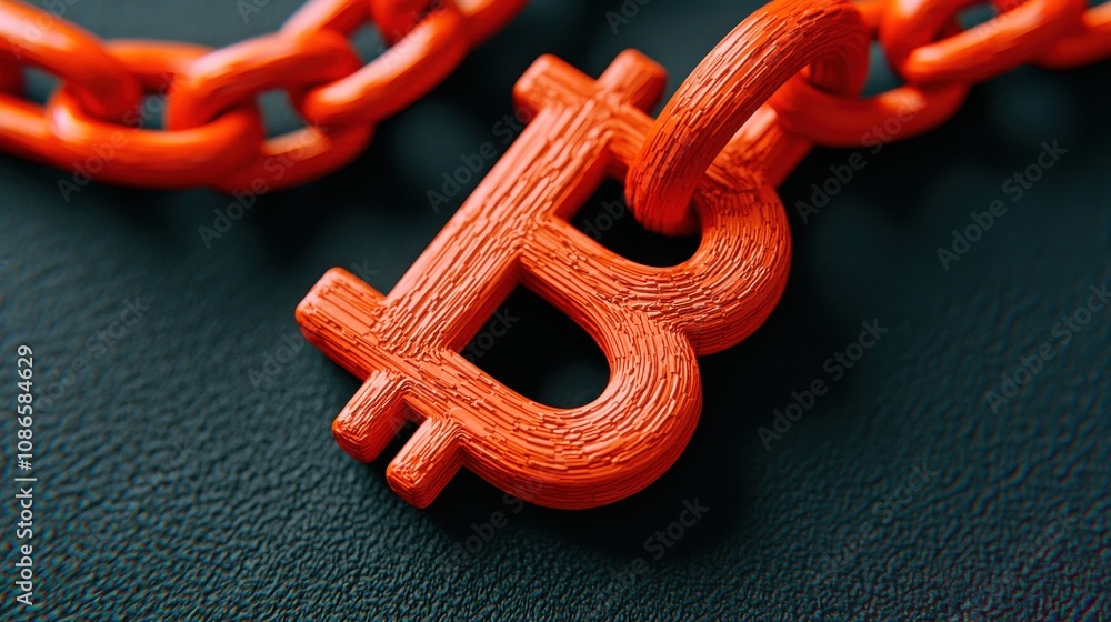 Poster orange bitcoin symbol attached to a chain link on a dark surface representing cryptocurrency securit