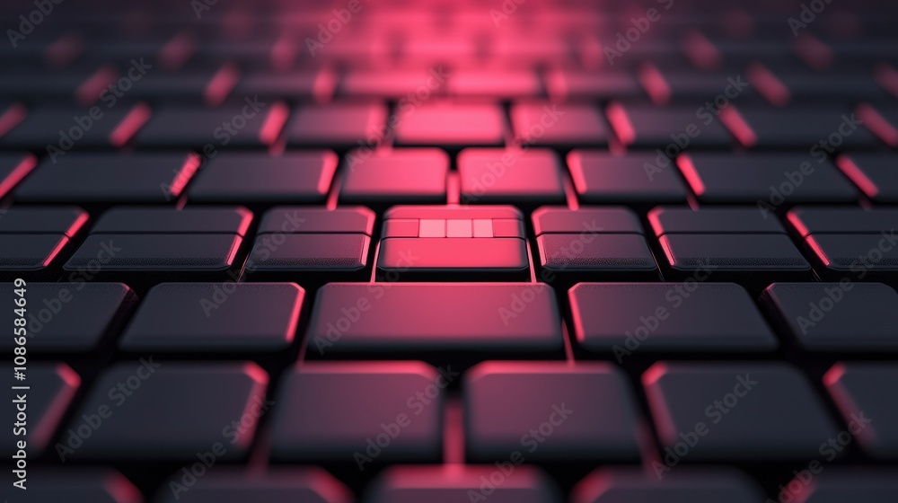 Poster close-up of a dark keyboard with neon lights highlighting a single key, perfect for technology theme