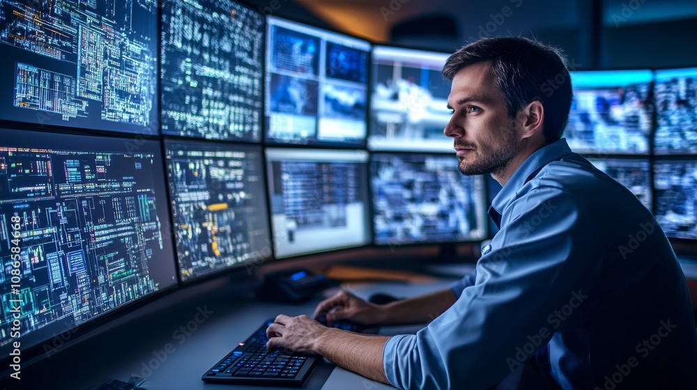 Poster a focused individual analyzes data on multiple screens in a modern control room, showcasing technolo
