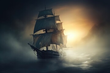 A ghostly ship with dark sails glides through a dense fog, illuminated by the golden light of a setting sun