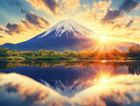 A mountain reflecting in a calm lake at sunset. AI.